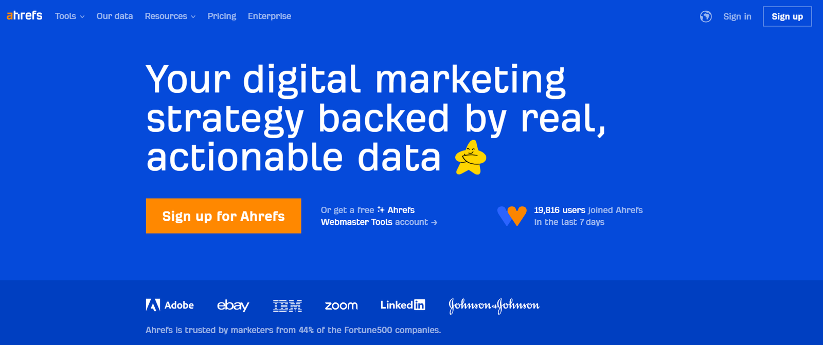 Ahrefs homepage, one of the best SEO tools for SaaS content marketing