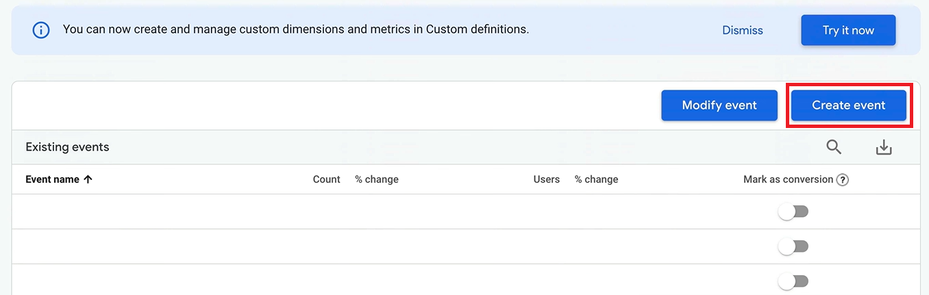 Setting up conversion tracking in Google Analytics 4, step 1