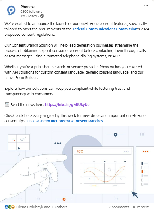 Phonexa's LinkedIn post announcing Consent Branches for FCC compliance when generating leads